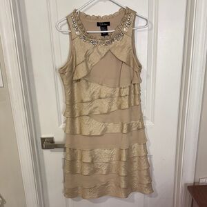 SL Fashions Gold Champagne Ruffle Mini Dress with Jeweled Collar